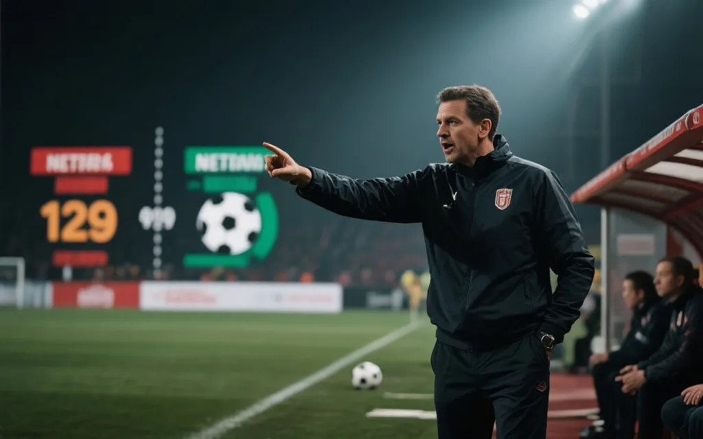 教练在场边指挥，背景为积分榜与净胜球对比的视觉占位图