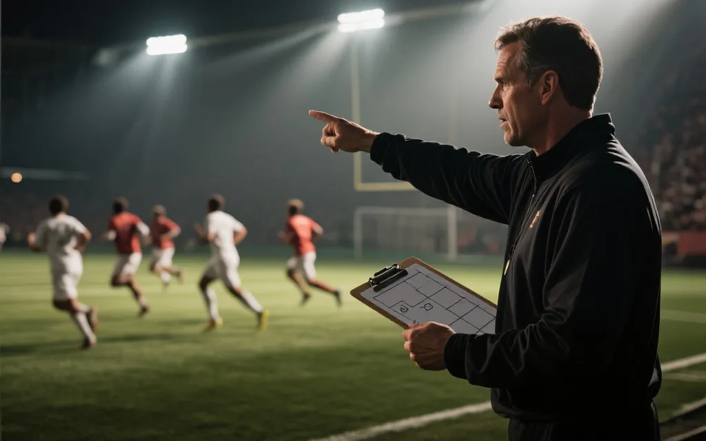 教练在场边指挥，战术板与紧张表情，球员在背景奔跑，强对比光影，纪实摄影风格